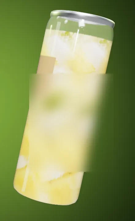 Canette 3D inclinée sur fond vert, étiquette floutée