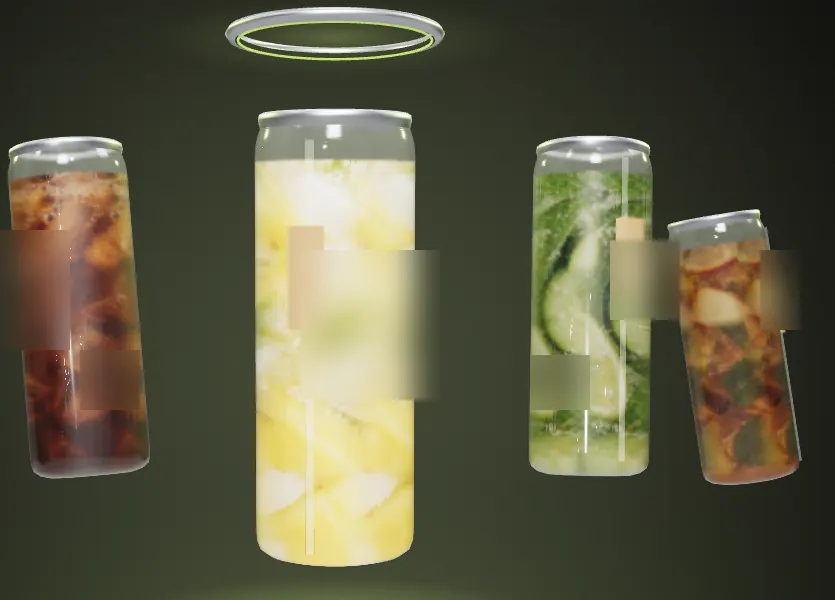 Canettes de boissons en 3D sur fond sombre, étiquettes floutées